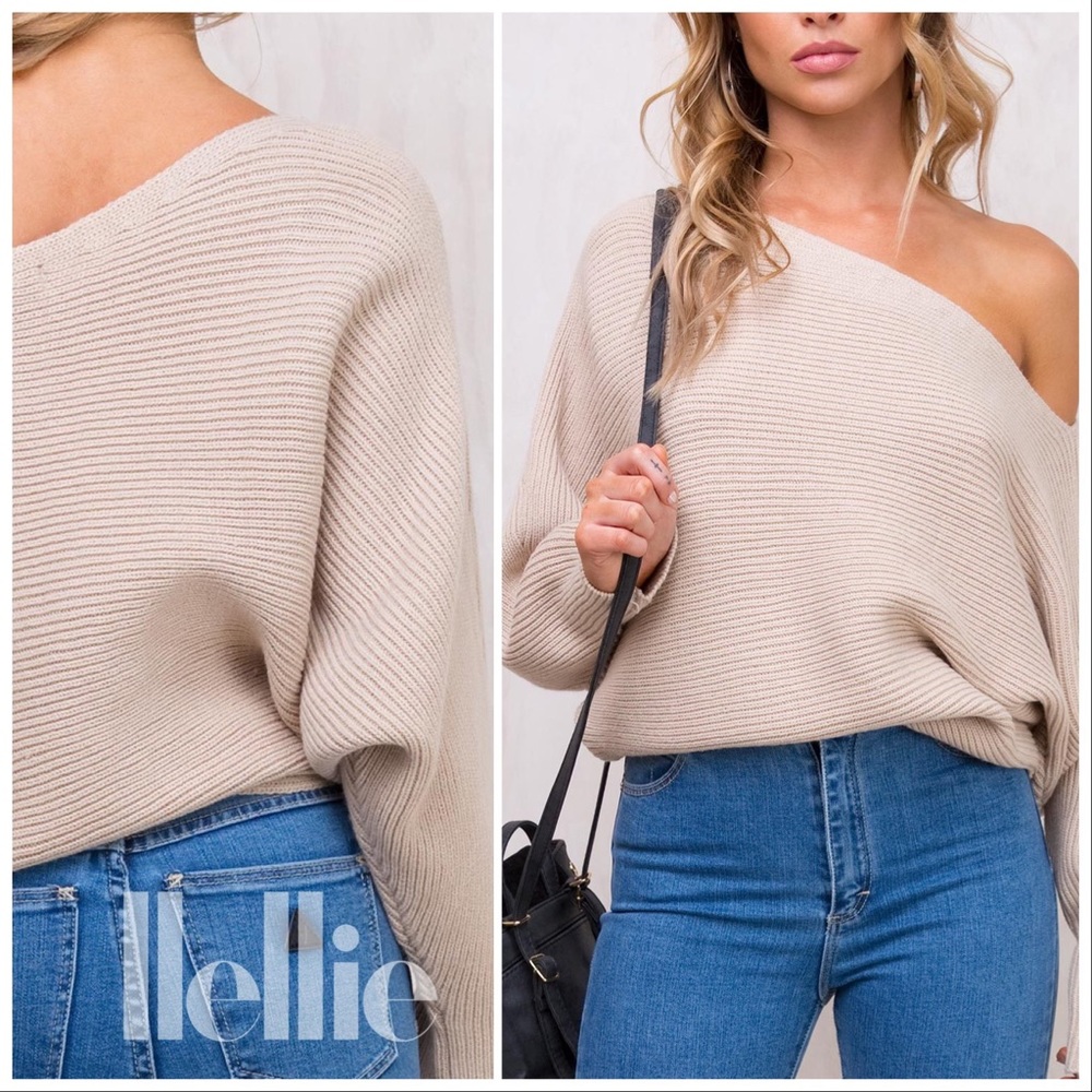 Off Shoulder Sand Ribbed Knit Pullover - Picture 3 of 8